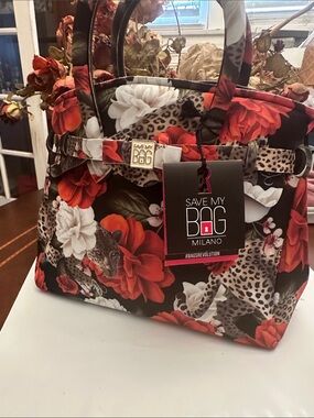 BNWT Save my Bag Floral Leopard Print Tote in Red & Black